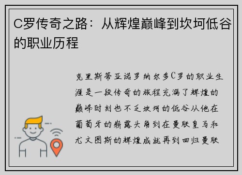 C罗传奇之路:从辉煌巅峰到坎坷低谷的职业历程 C罗传奇之路:从辉煌巅峰到坎坷低谷的职业历程